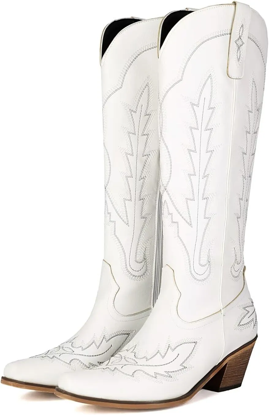 Cowboy Boots for Women - Classic Embroidered Western Cowgirl Knee Boots, Sharp Tip Thick Heel Side Zipper Retro Rural Fashion Tall Boots