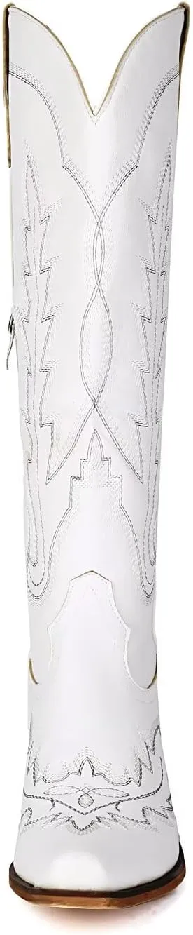 Cowboy Boots for Women - Classic Embroidered Western Cowgirl Knee Boots, Sharp Tip Thick Heel Side Zipper Retro Rural Fashion Tall Boots