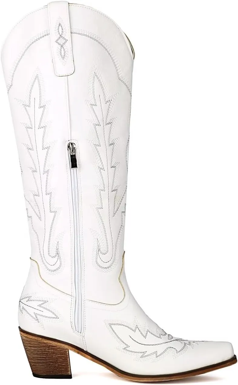 Cowboy Boots for Women - Classic Embroidered Western Cowgirl Knee Boots, Sharp Tip Thick Heel Side Zipper Retro Rural Fashion Tall Boots