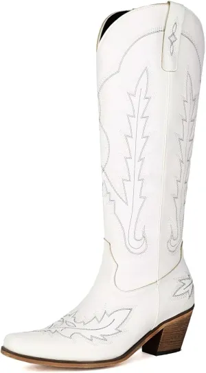 Cowboy Boots for Women - Classic Embroidered Western Cowgirl Knee Boots, Sharp Tip Thick Heel Side Zipper Retro Rural Fashion Tall Boots