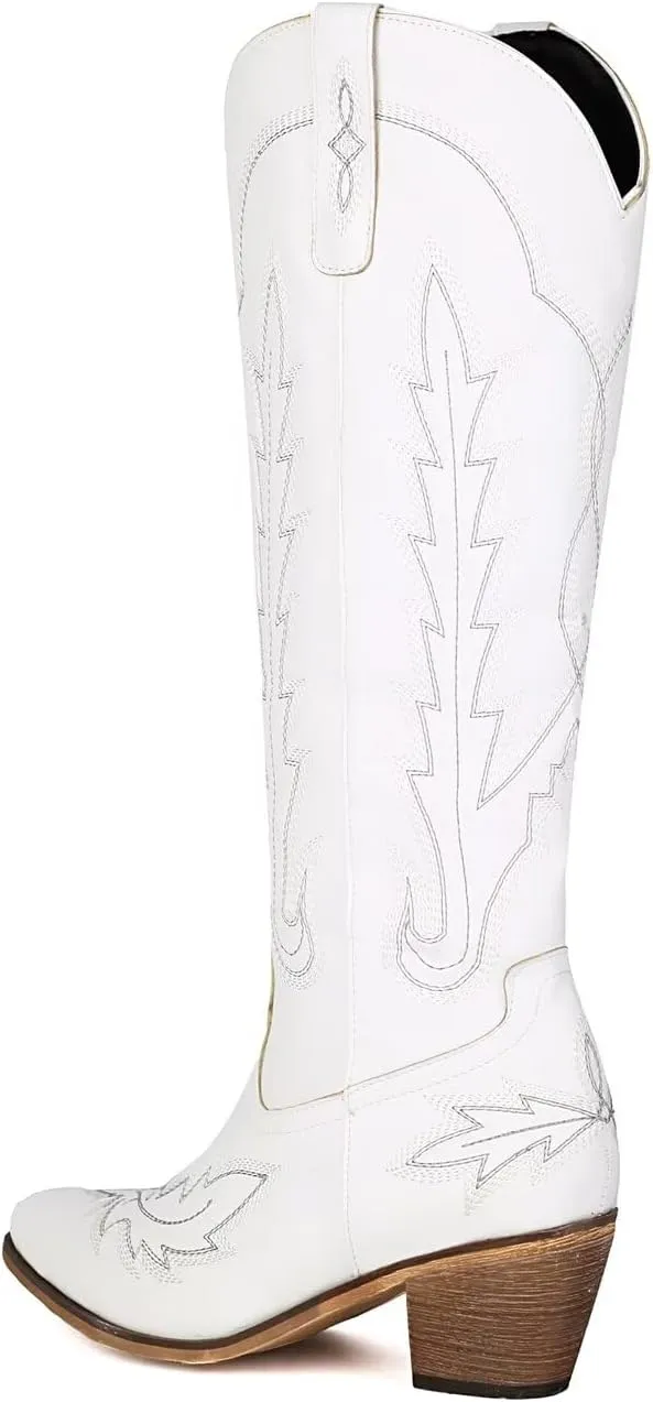 Cowboy Boots for Women - Classic Embroidered Western Cowgirl Knee Boots, Sharp Tip Thick Heel Side Zipper Retro Rural Fashion Tall Boots