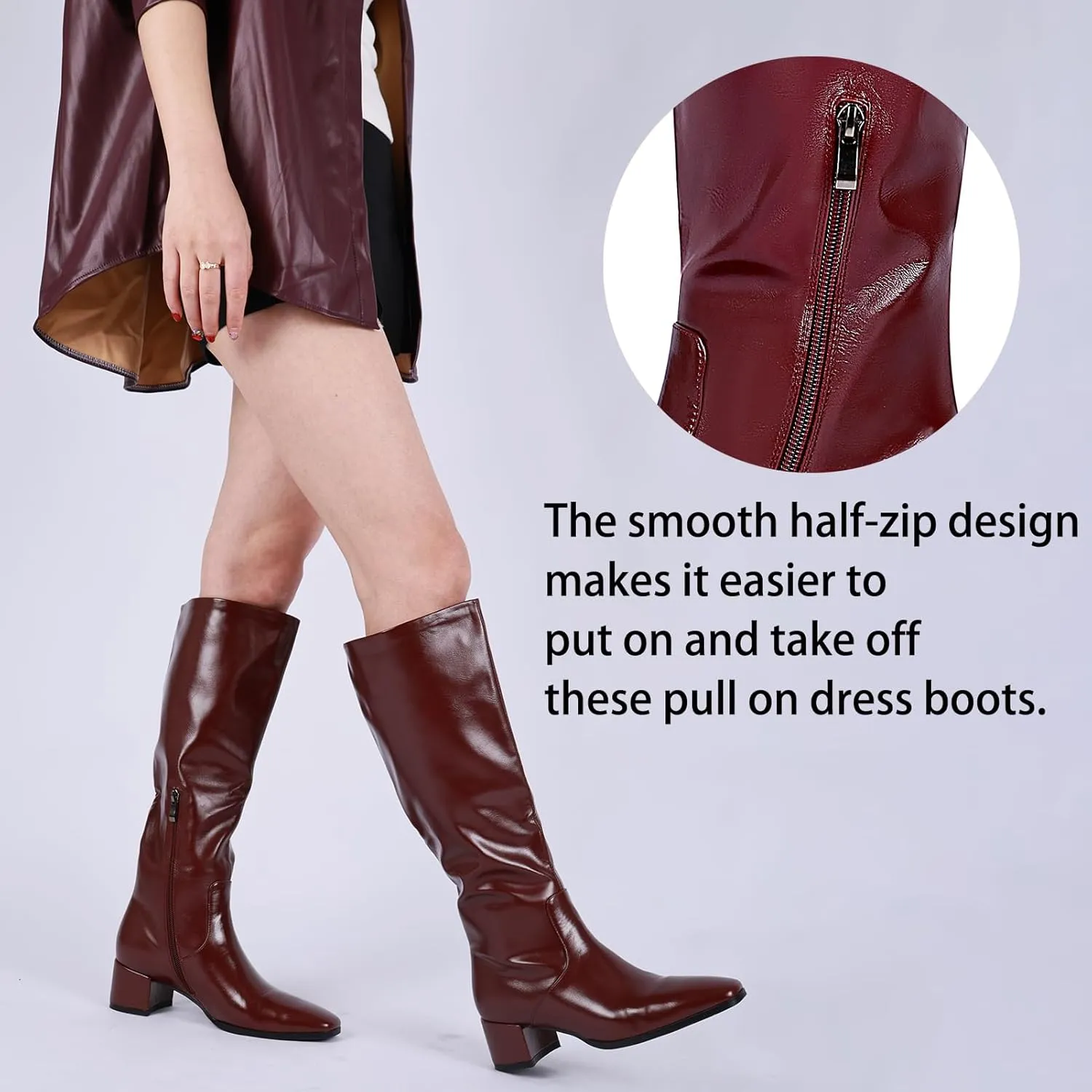 Cozivwaiy Women's Knee High Boots Black Tall Boot Comfortable Block Low Heel Dressy Shoes Half Zipper 1.96 Inches Heels