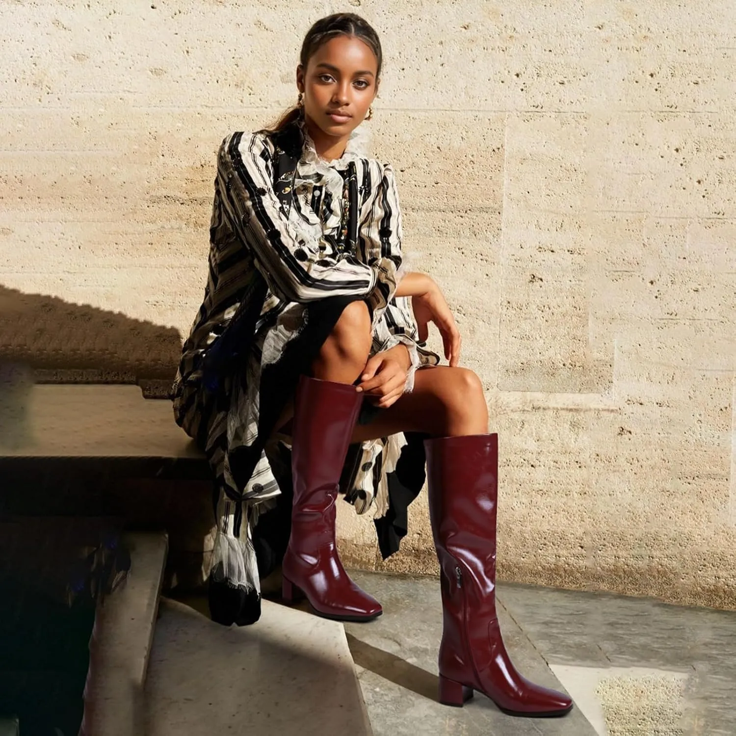 Cozivwaiy Women's Knee High Boots Black Tall Boot Comfortable Block Low Heel Dressy Shoes Half Zipper 1.96 Inches Heels