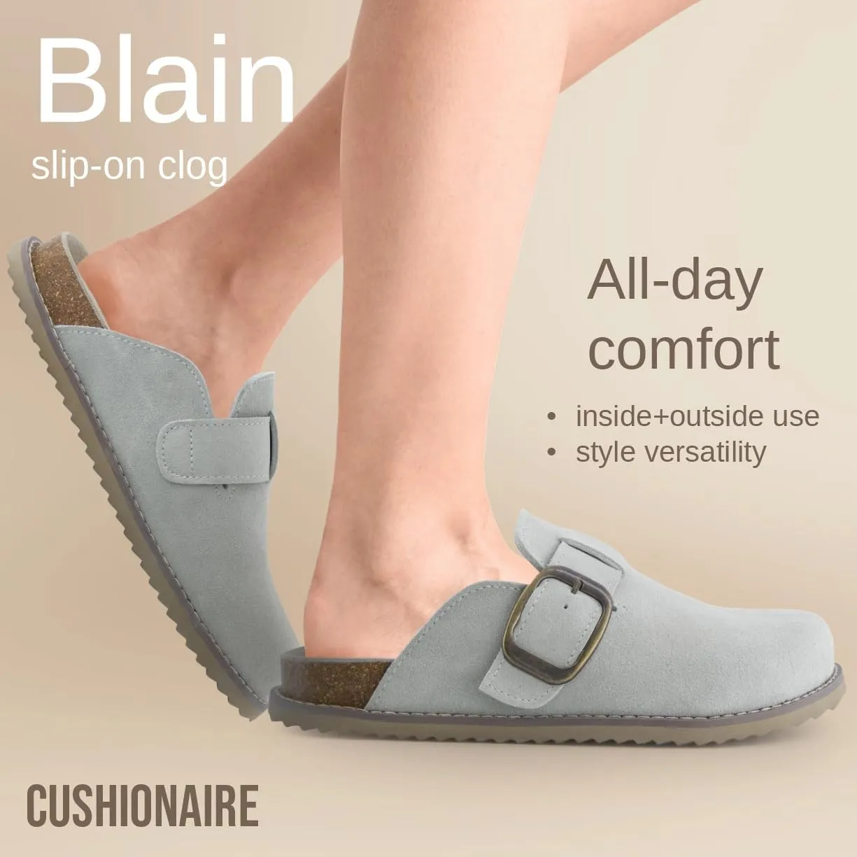 CUSHIONAIRE Women's Blain Genuine Suede Slip-On Clogs with   Memory Foam & Chic Buckle Mule - Comfortable, Non-Slip, Wide Widths Available