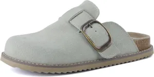 CUSHIONAIRE Women's Blain Genuine Suede Slip-On Clogs with   Memory Foam & Chic Buckle Mule - Comfortable, Non-Slip, Wide Widths Available