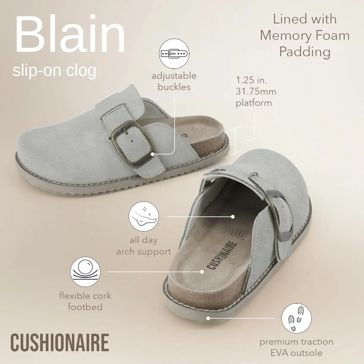 CUSHIONAIRE Women's Blain Genuine Suede Slip-On Clogs with   Memory Foam & Chic Buckle Mule - Comfortable, Non-Slip, Wide Widths Available