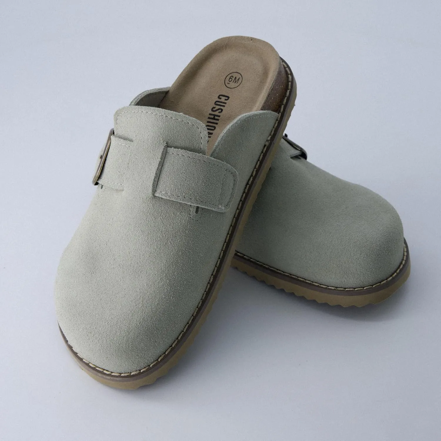 CUSHIONAIRE Women's Blain Genuine Suede Slip-On Clogs with   Memory Foam & Chic Buckle Mule - Comfortable, Non-Slip, Wide Widths Available