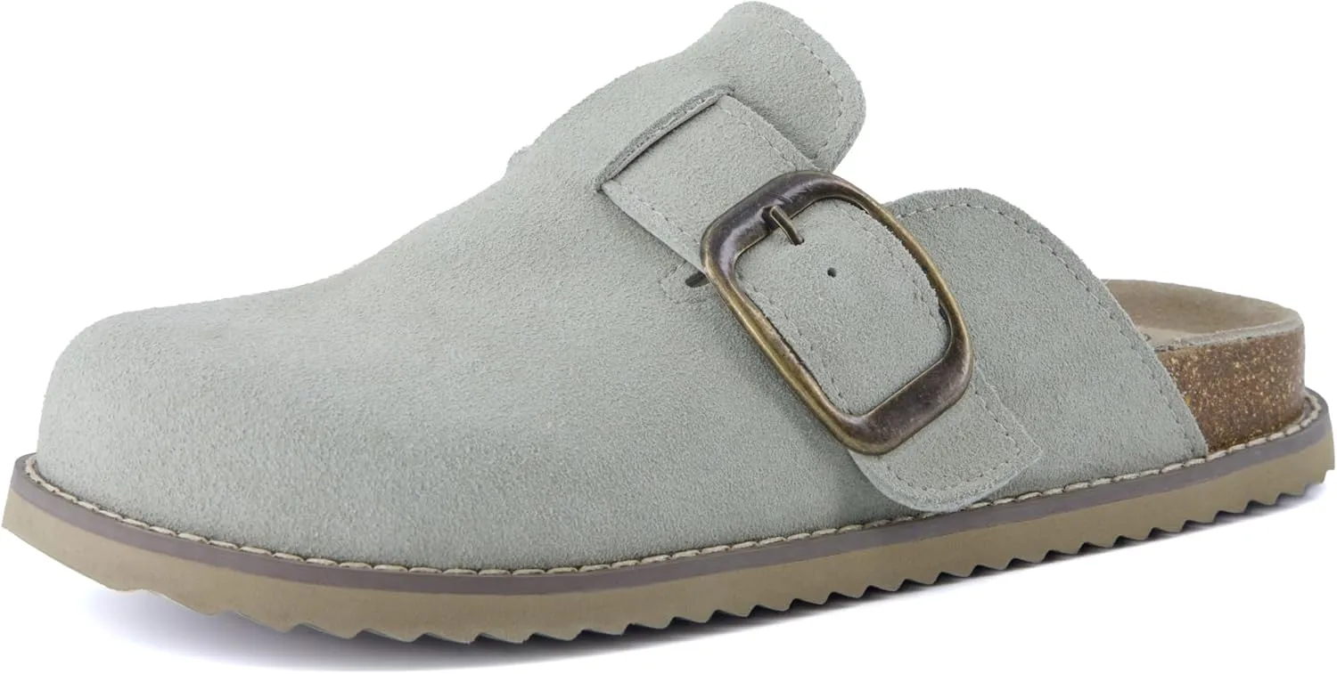 CUSHIONAIRE Women's Blain Genuine Suede Slip-On Clogs with   Memory Foam & Chic Buckle Mule - Comfortable, Non-Slip, Wide Widths Available