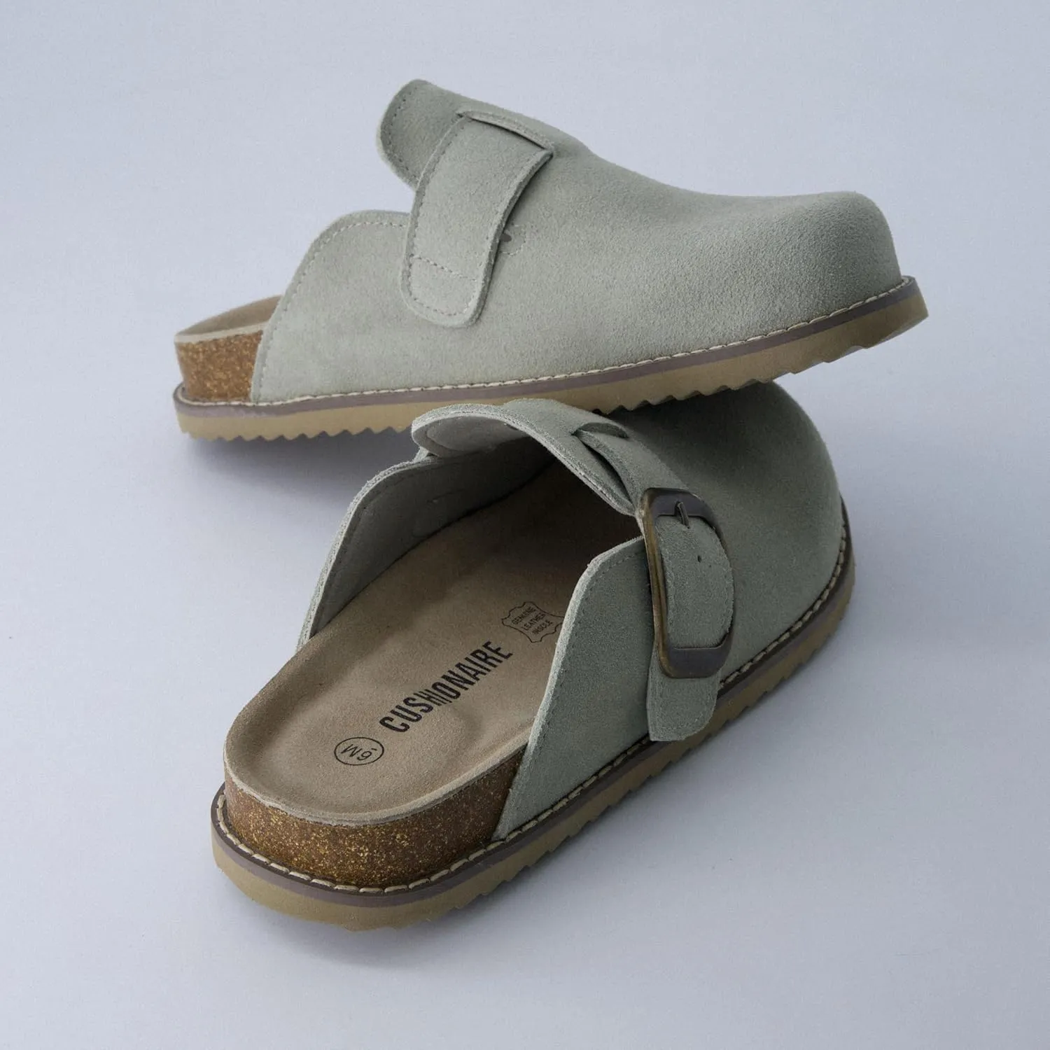 CUSHIONAIRE Women's Blain Genuine Suede Slip-On Clogs with   Memory Foam & Chic Buckle Mule - Comfortable, Non-Slip, Wide Widths Available