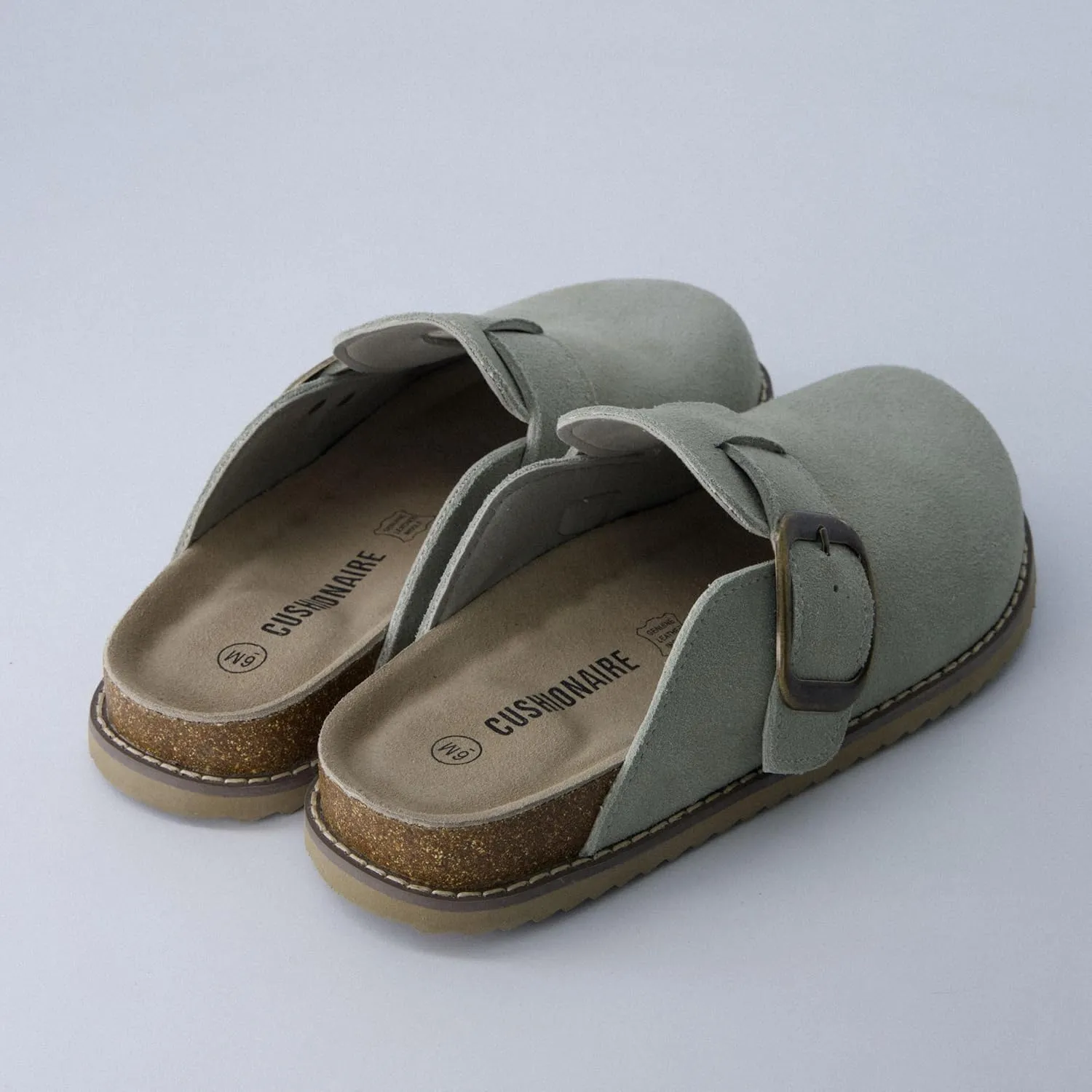CUSHIONAIRE Women's Blain Genuine Suede Slip-On Clogs with   Memory Foam & Chic Buckle Mule - Comfortable, Non-Slip, Wide Widths Available