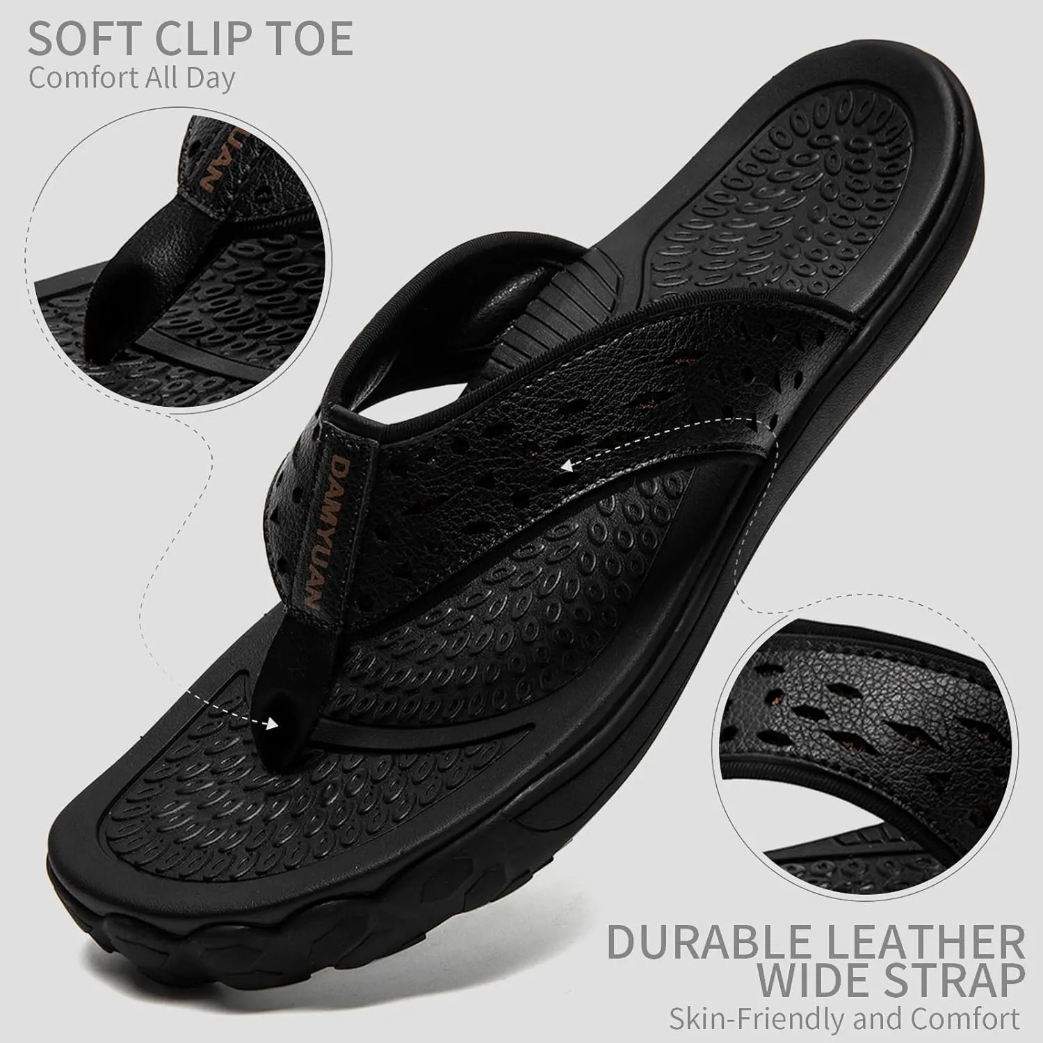 Damyuan Mens Flip Flops Leather Thong Sandals Indoor and Outdoor Beach Slippers Shower Shoes with Arch Support