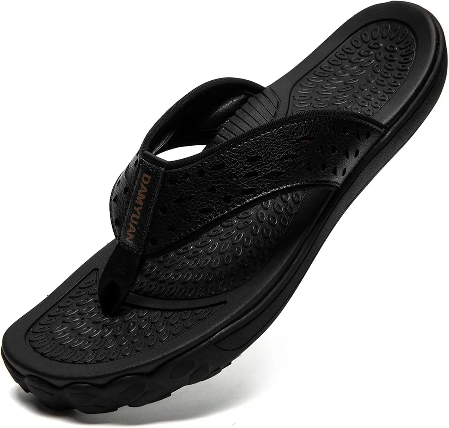 Damyuan Mens Flip Flops Leather Thong Sandals Indoor and Outdoor Beach Slippers Shower Shoes with Arch Support