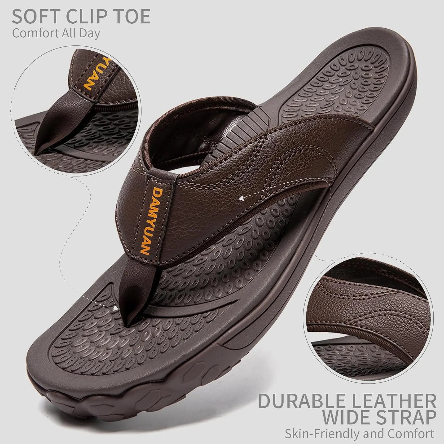 Damyuan Mens Flip Flops Leather Thong Sandals Indoor and Outdoor Beach Slippers Shower Shoes with Arch Support