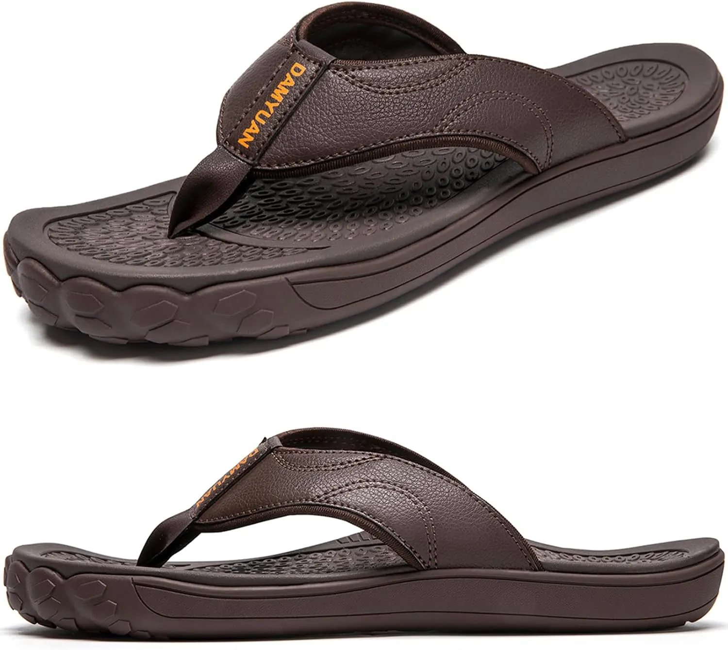 Damyuan Mens Flip Flops Leather Thong Sandals Indoor and Outdoor Beach Slippers Shower Shoes with Arch Support