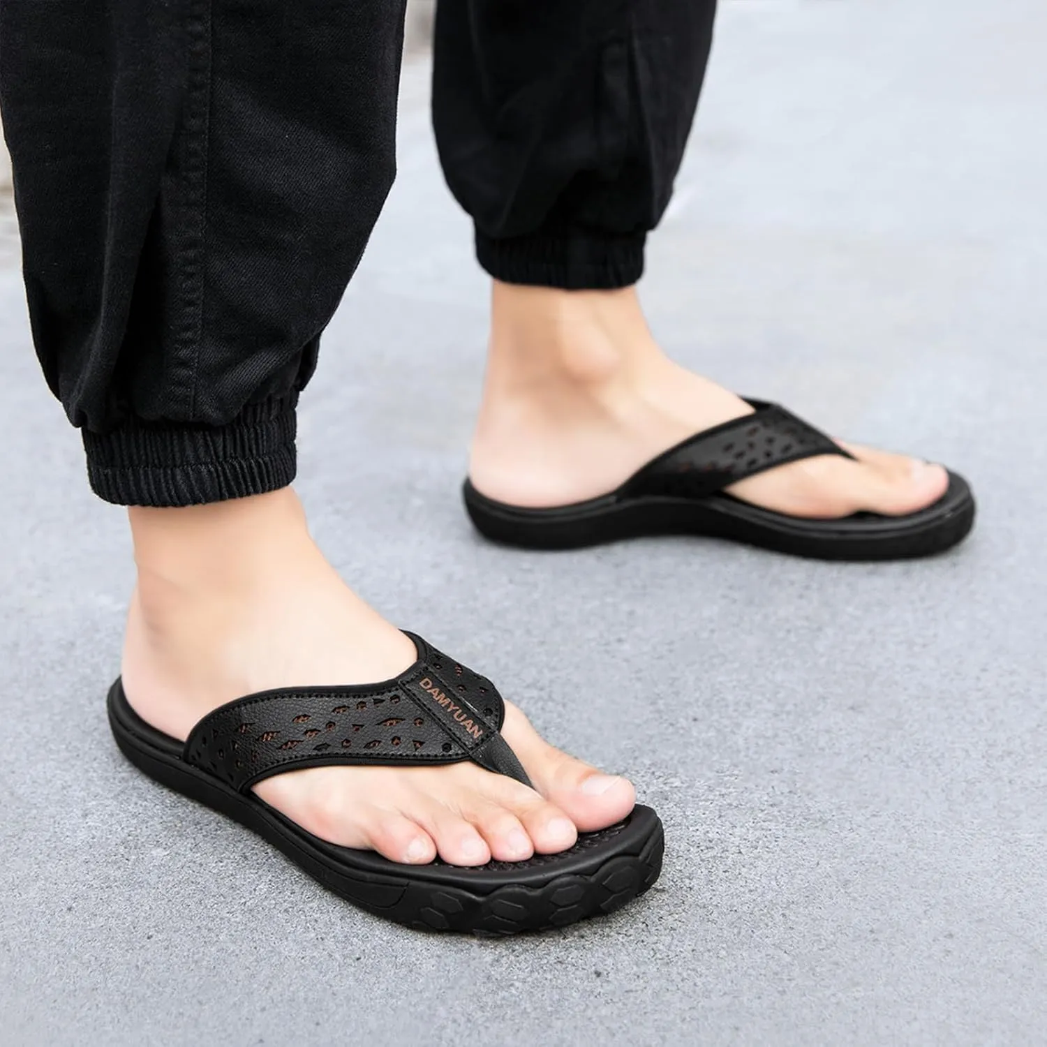 Damyuan Mens Flip Flops Leather Thong Sandals Indoor and Outdoor Beach Slippers Shower Shoes with Arch Support