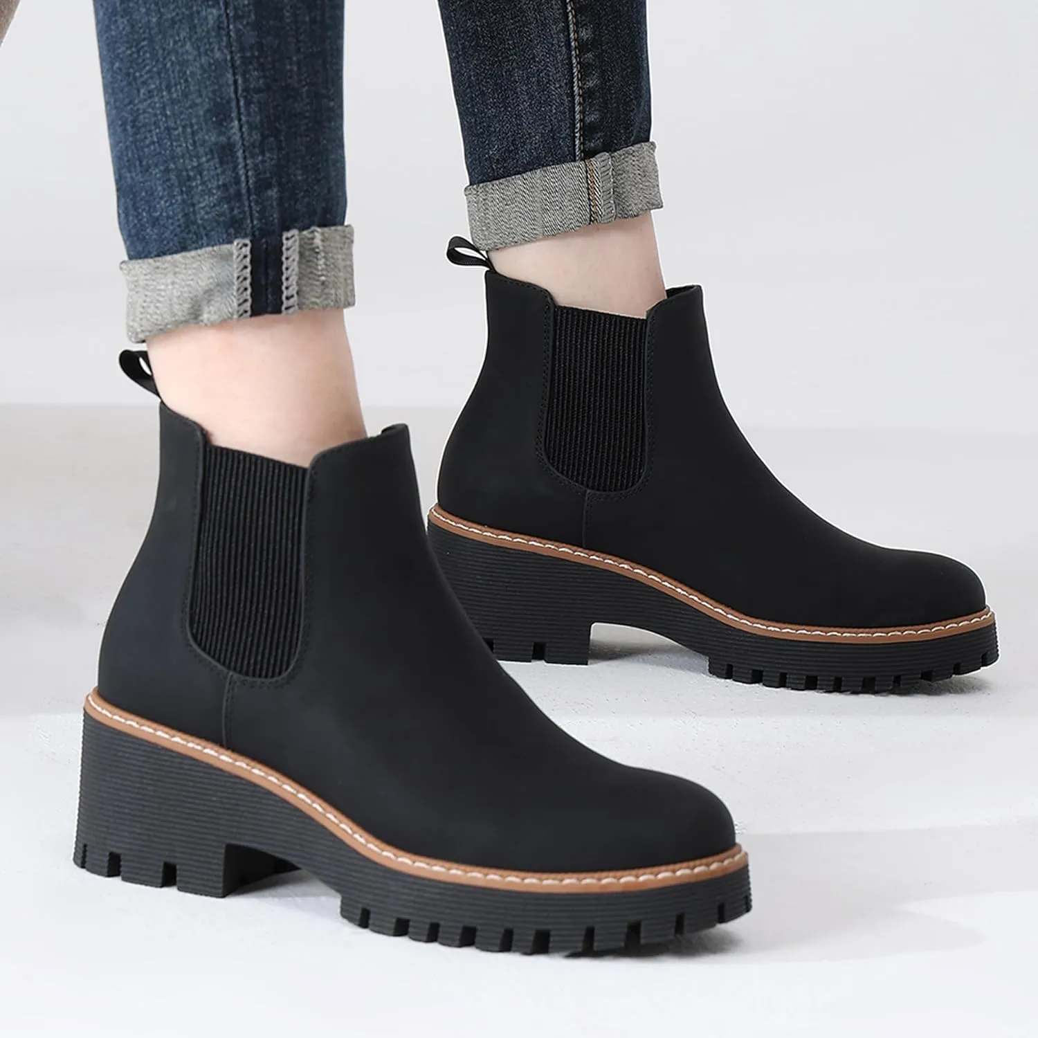 DECARSDZ Womens Chunky Platform Chelsea Boot With Elastic Low Wedge Heel Slip On For Fall Work Suede Leather Classic Style Ankle Boots Women