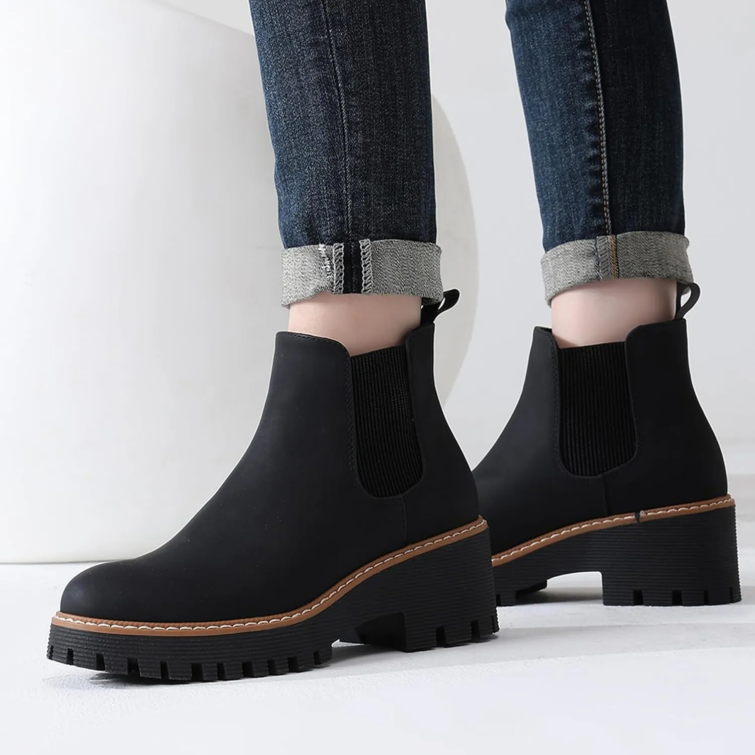 DECARSDZ Womens Chunky Platform Chelsea Boot With Elastic Low Wedge Heel Slip On For Fall Work Suede Leather Classic Style Ankle Boots Women