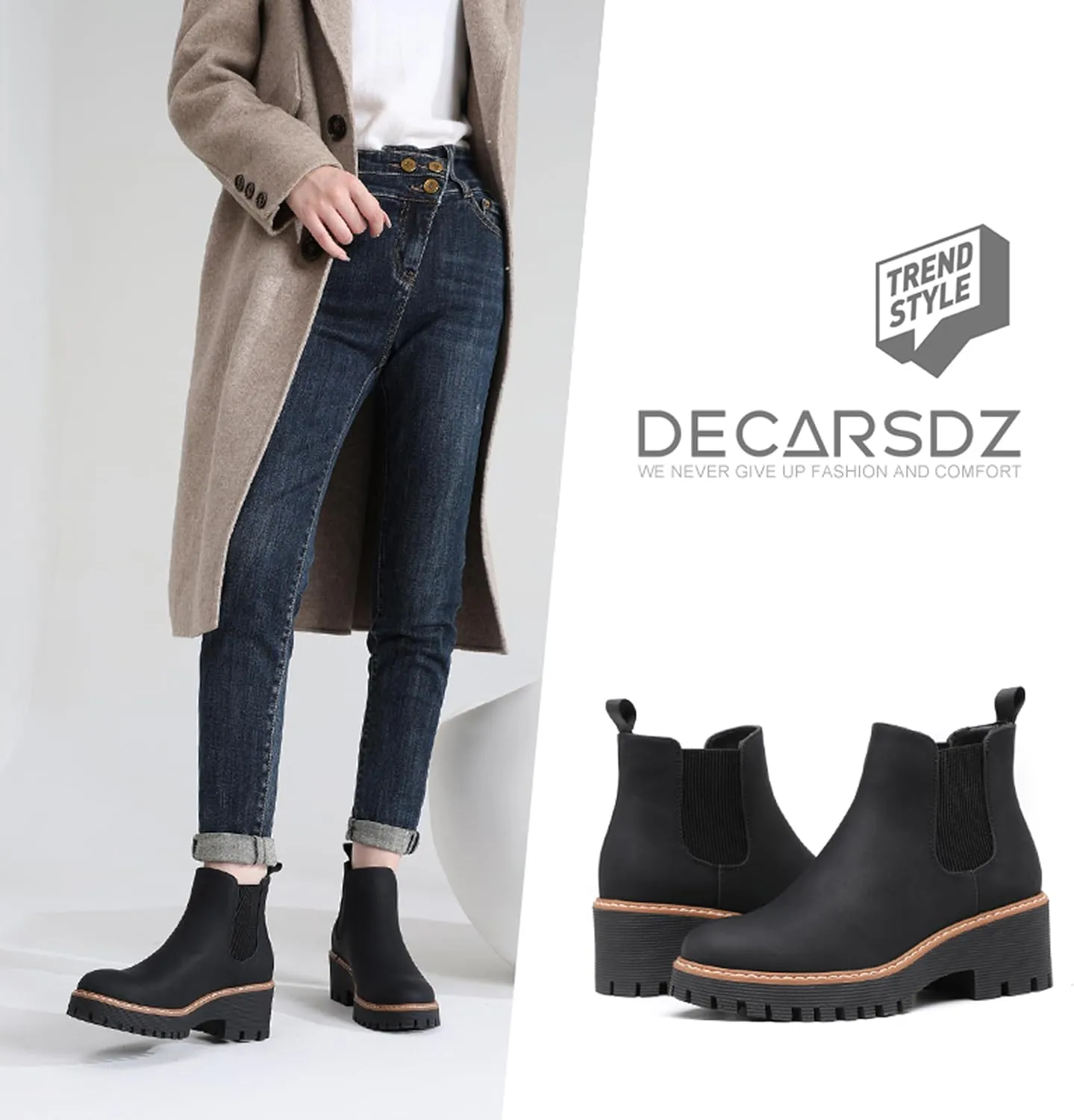 DECARSDZ Womens Chunky Platform Chelsea Boot With Elastic Low Wedge Heel Slip On For Fall Work Suede Leather Classic Style Ankle Boots Women