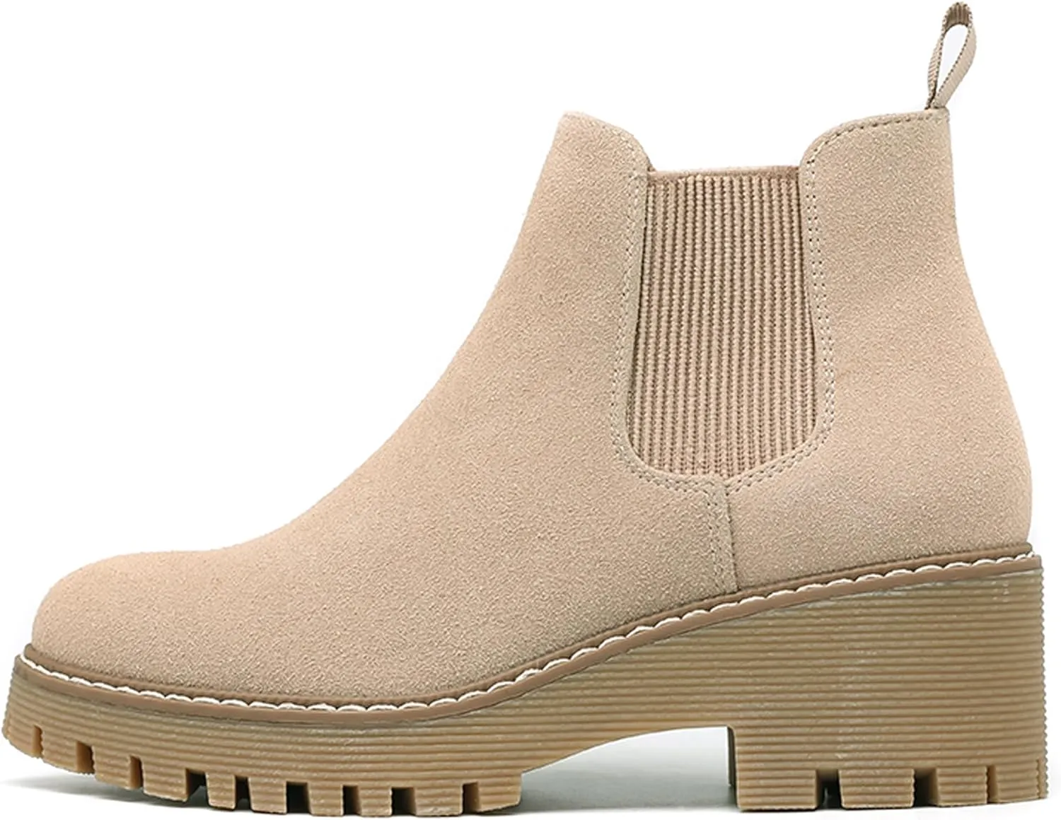 DECARSDZ Womens Chunky Platform Chelsea Boot With Elastic Low Wedge Heel Slip On For Fall Work Suede Leather Classic Style Ankle Boots Women