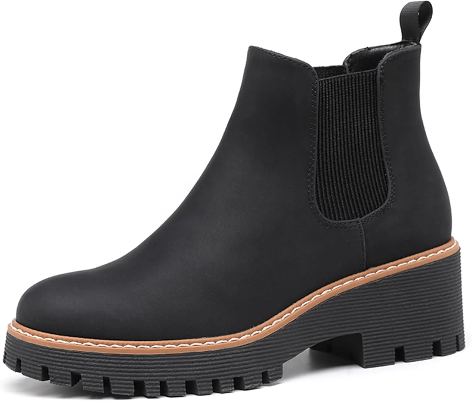 DECARSDZ Womens Chunky Platform Chelsea Boot With Elastic Low Wedge Heel Slip On For Fall Work Suede Leather Classic Style Ankle Boots Women