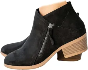 DirraBra Women's Suede Low-Heeled Chelsea Boots Fashion Pointed Toe Chunky Stacked Heel Western Cowboy Boots Autumn Winter Side Zip Dress Ankle Bootie