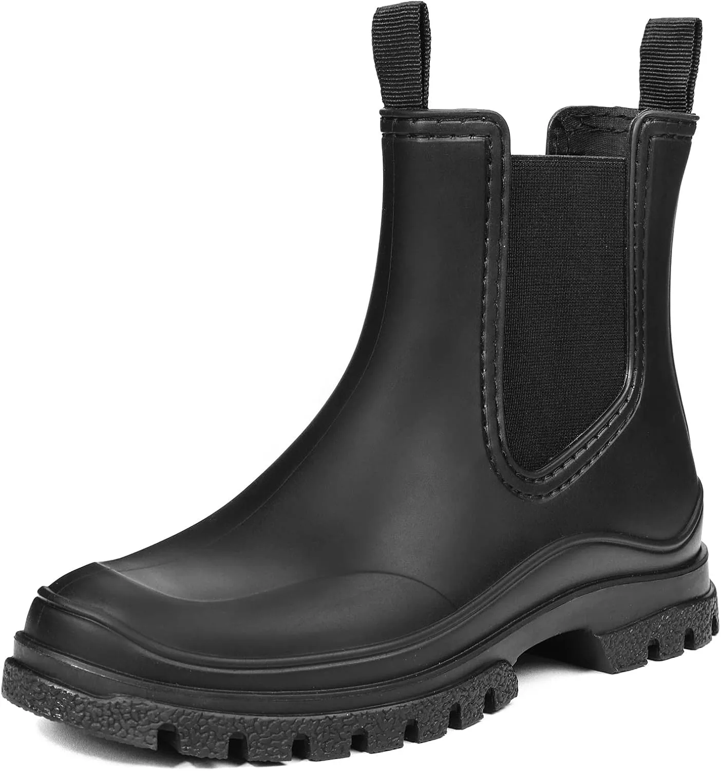 DKSUKO Women's Short Rain Boots Rubber Waterproof Garden Boots Elastic Slip On Ankle Chelsea Boot Fashion Insulated Rain Shoe for Outdoor Work Thick Sole (10 B(M) US, Black)