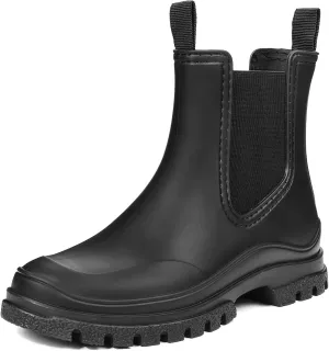 DKSUKO Women's Short Rain Boots Rubber Waterproof Garden Boots Elastic Slip On Ankle Chelsea Boot Fashion Insulated Rain Shoe for Outdoor Work Thick Sole (10 B(M) US, Black)