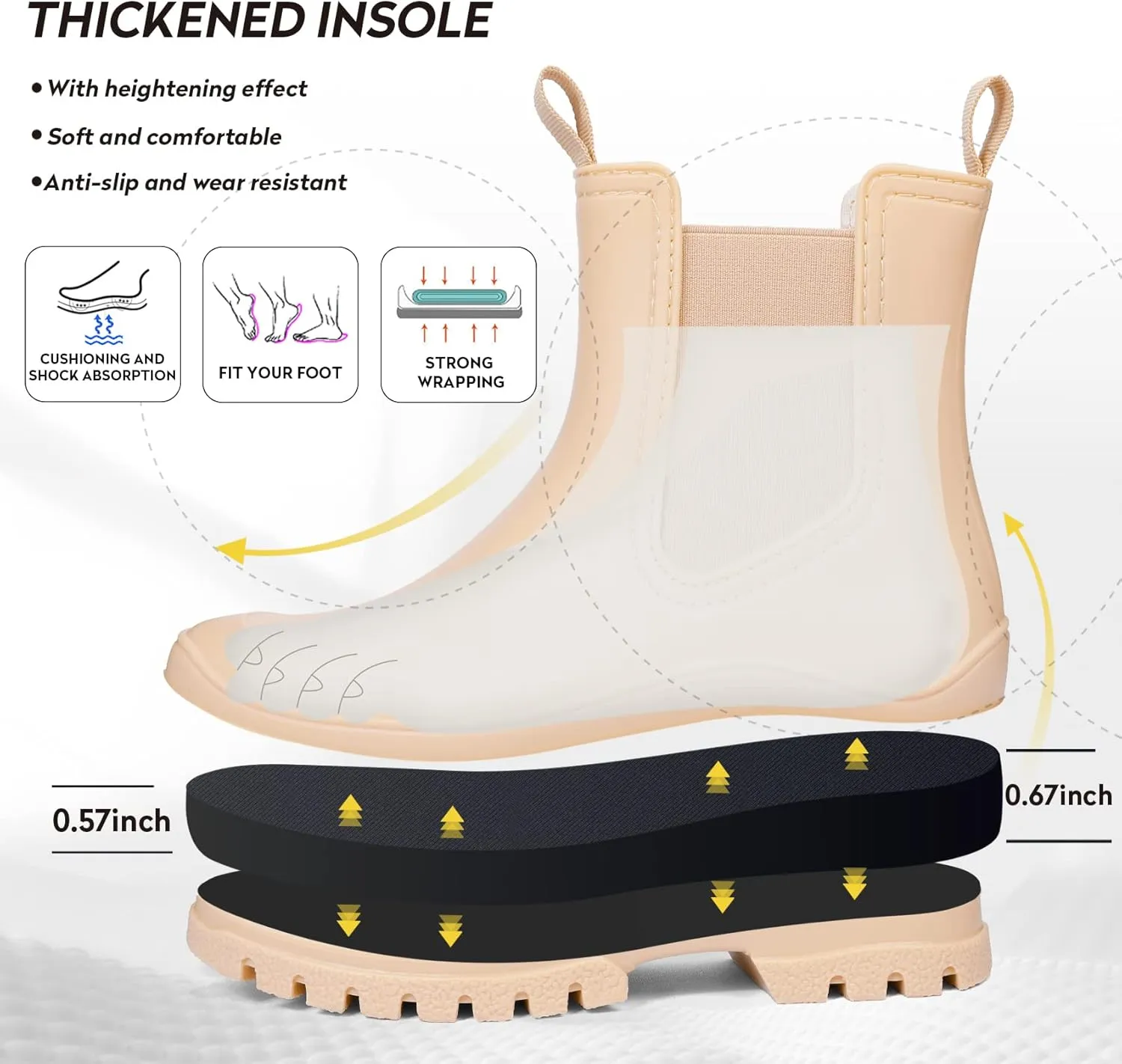 DKSUKO Women's Short Rain Boots Rubber Waterproof Garden Boots Elastic Slip On Ankle Chelsea Boot Fashion Insulated Rain Shoe for Outdoor Work Thick Sole