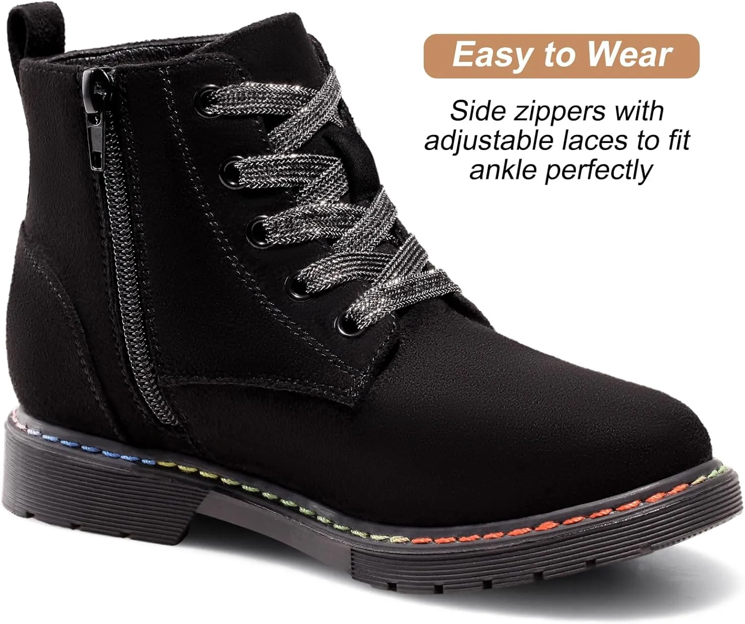Dodow Girls Ankle Boots Glitter Combat Booties Zipper Lace Up Winter Dress Boots for Little Kid Big Kid