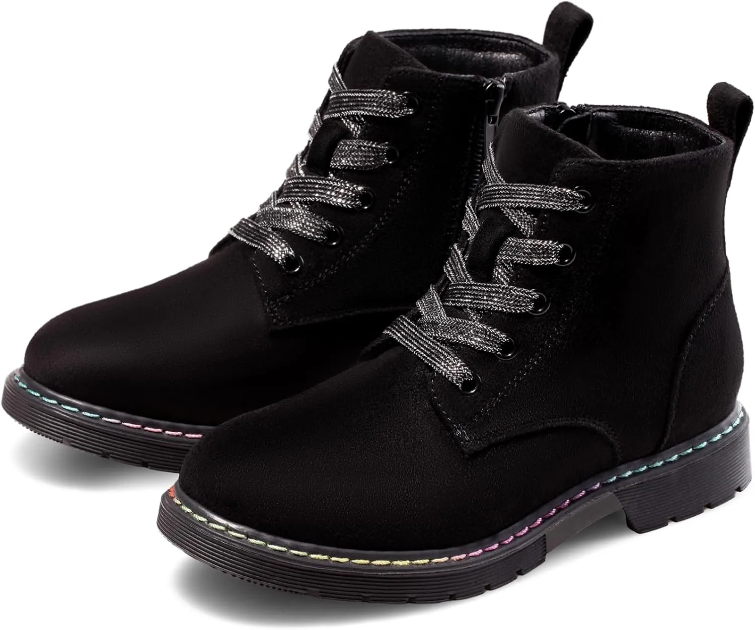 Dodow Girls Ankle Boots Glitter Combat Booties Zipper Lace Up Winter Dress Boots for Little Kid Big Kid