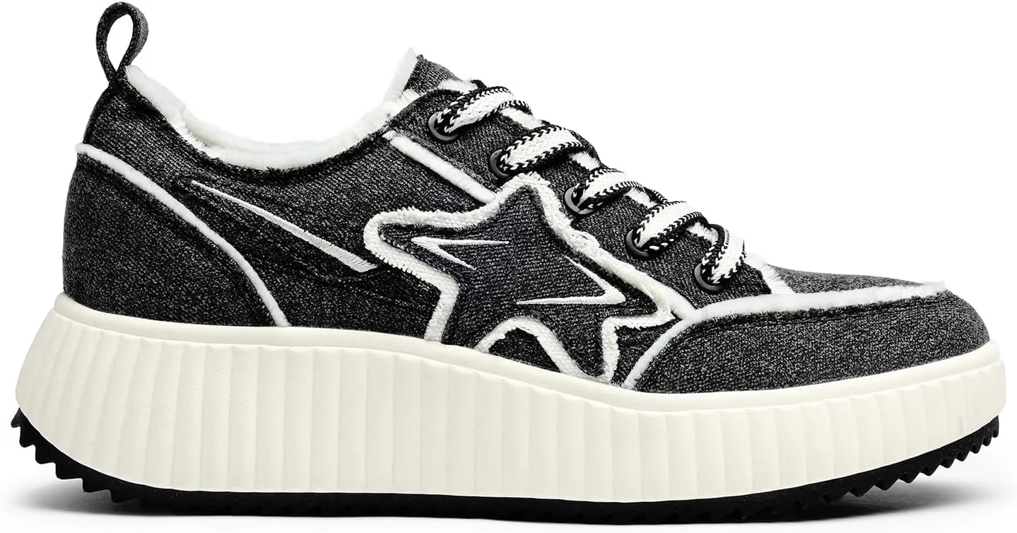 DREAM PAIRS Women Platform Chunky Lightweight Comfortable Casual Denim Fabric Lace-Up Kay Walking Fashion Sneakers