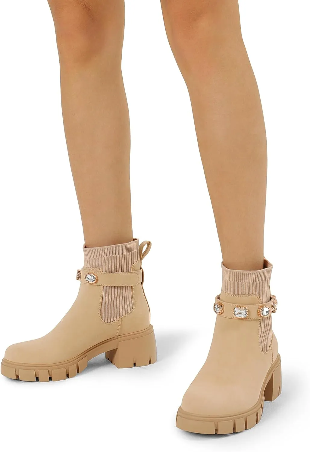 DREAM PAIRS Women's Elastic Chelsea Ankle Boots Fashion Low Chunky Heel Platform Lug Sole Short Booties Shoes