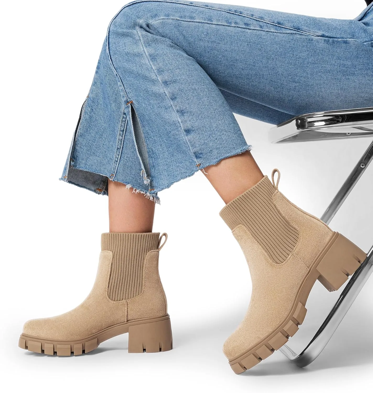DREAM PAIRS Women's Elastic Chelsea Ankle Boots Fashion Low Chunky Heel Platform Lug Sole Short Booties Shoes