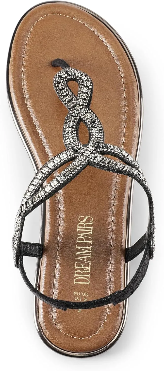DREAM PAIRS Women's Flat Sandals Dressy Summer Stappy Comfortable Ankle Elastic T-Strap Beach Thong Sandals