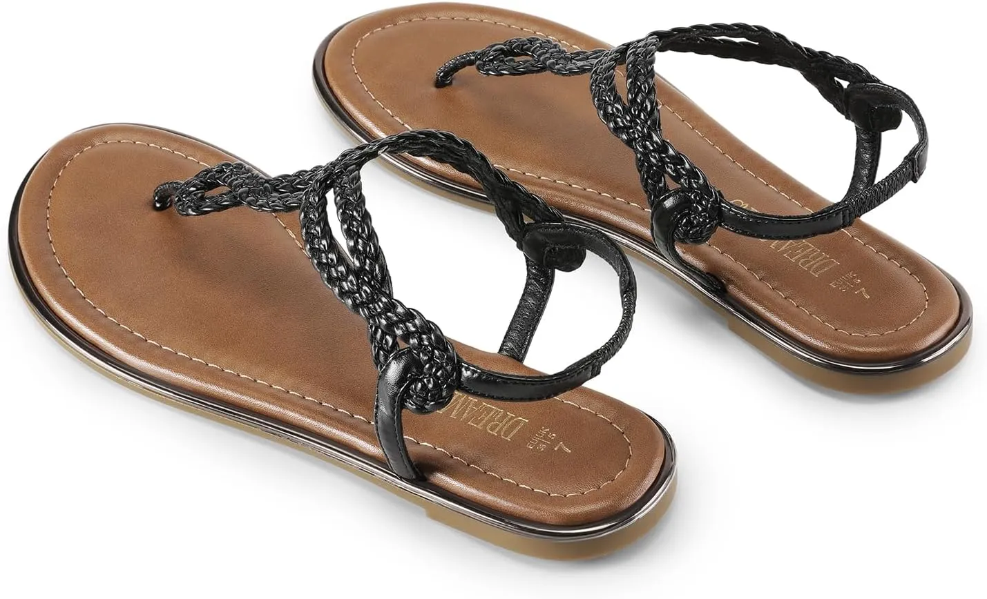DREAM PAIRS Women's Flat Sandals Dressy Summer Stappy Comfortable Ankle Elastic T-Strap Beach Thong Sandals