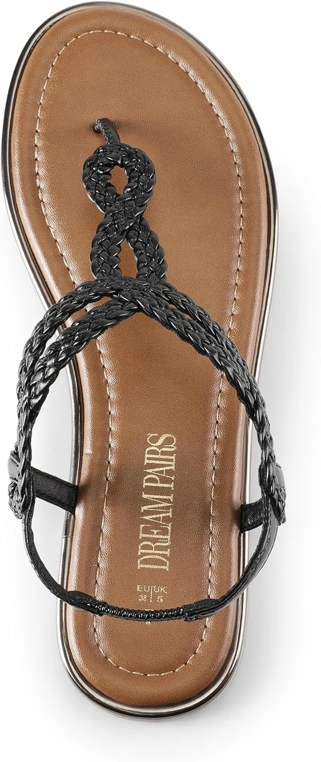 DREAM PAIRS Women's Flat Sandals Dressy Summer Stappy Comfortable Ankle Elastic T-Strap Beach Thong Sandals