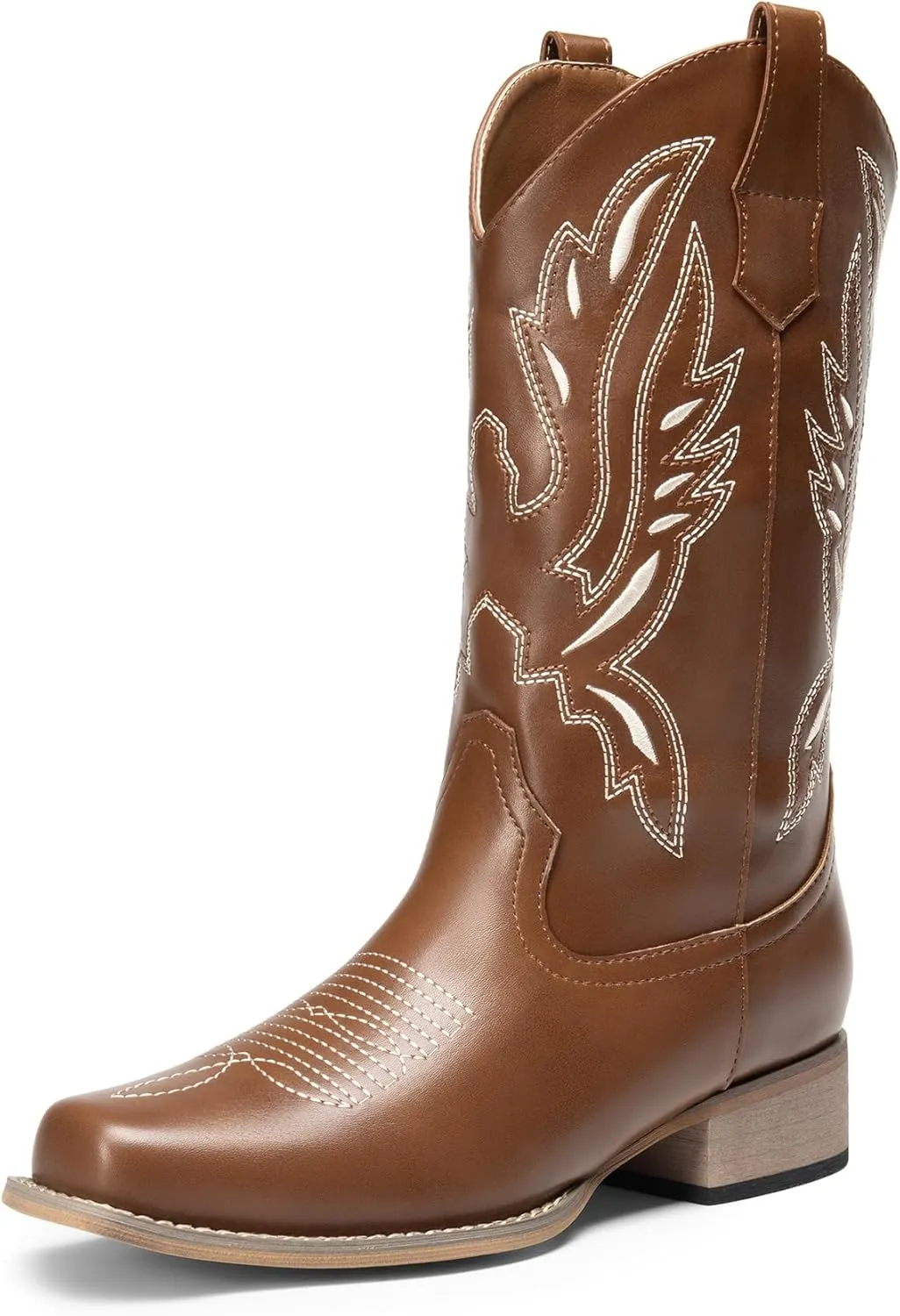 DREAM PAIRS Women's Square Toe Cowboy Cowgirl Boots Pull On Low Chunky Heel Mid Calf Western Boots with Embroidered Stitched for Theme Party Country Concert
