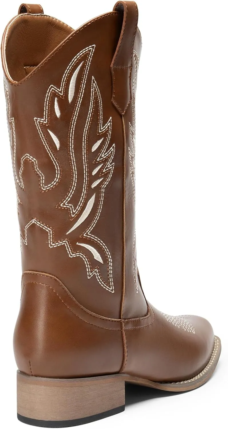 DREAM PAIRS Women's Square Toe Cowboy Cowgirl Boots Pull On Low Chunky Heel Mid Calf Western Boots with Embroidered Stitched for Theme Party Country Concert