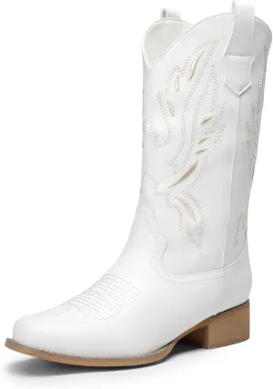 DREAM PAIRS Women's Square Toe Cowboy Cowgirl Boots Pull On Low Chunky Heel Mid Calf Western Boots with Embroidered Stitched for Theme Party Country Concert