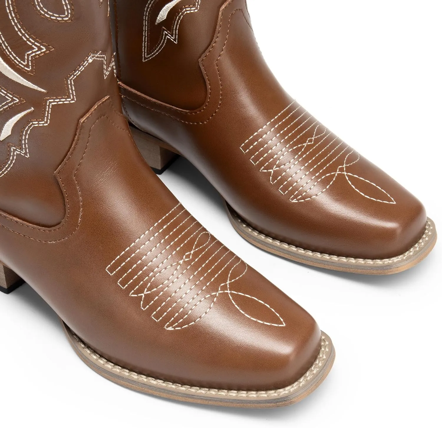 DREAM PAIRS Women's Square Toe Cowboy Cowgirl Boots Pull On Low Chunky Heel Mid Calf Western Boots with Embroidered Stitched for Theme Party Country Concert