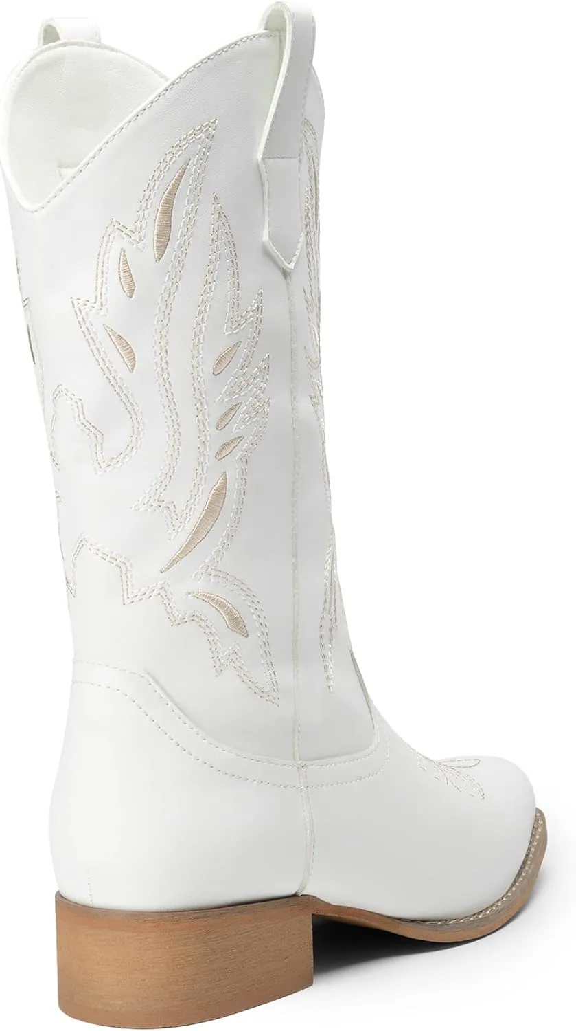 DREAM PAIRS Women's Square Toe Cowboy Cowgirl Boots Pull On Low Chunky Heel Mid Calf Western Boots with Embroidered Stitched for Theme Party Country Concert