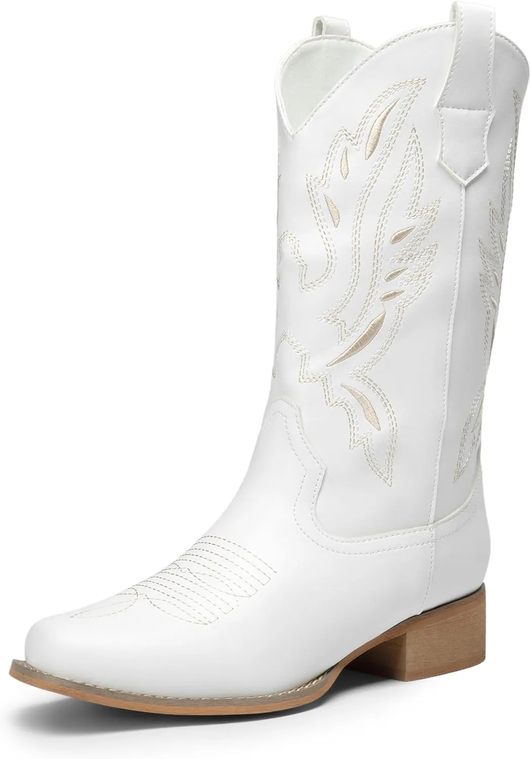 DREAM PAIRS Women's Square Toe Cowboy Cowgirl Boots Pull On Low Chunky Heel Mid Calf Western Boots with Embroidered Stitched for Theme Party Country Concert