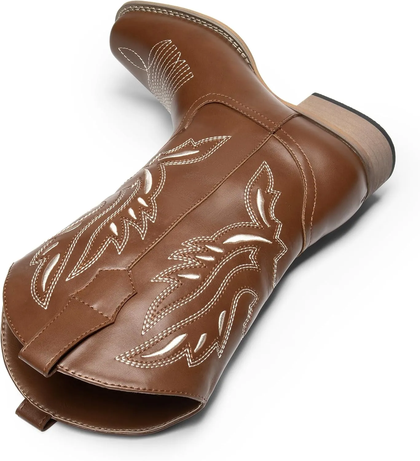 DREAM PAIRS Women's Square Toe Cowboy Cowgirl Boots Pull On Low Chunky Heel Mid Calf Western Boots with Embroidered Stitched for Theme Party Country Concert