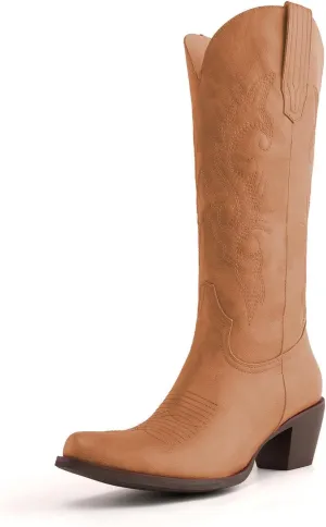 DREAMCIA Mid Calf Height Embroidered Cowgirl Boots Vintage Western Cowboy Boots for Women with Embroidery and Chunky Heel