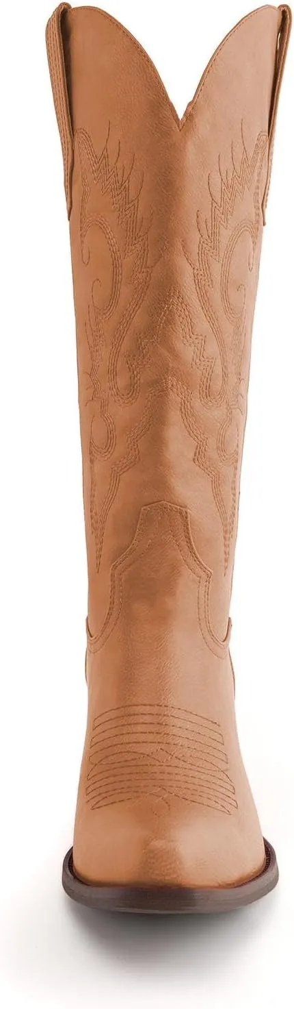 DREAMCIA Mid Calf Height Embroidered Cowgirl Boots Vintage Western Cowboy Boots for Women with Embroidery and Chunky Heel