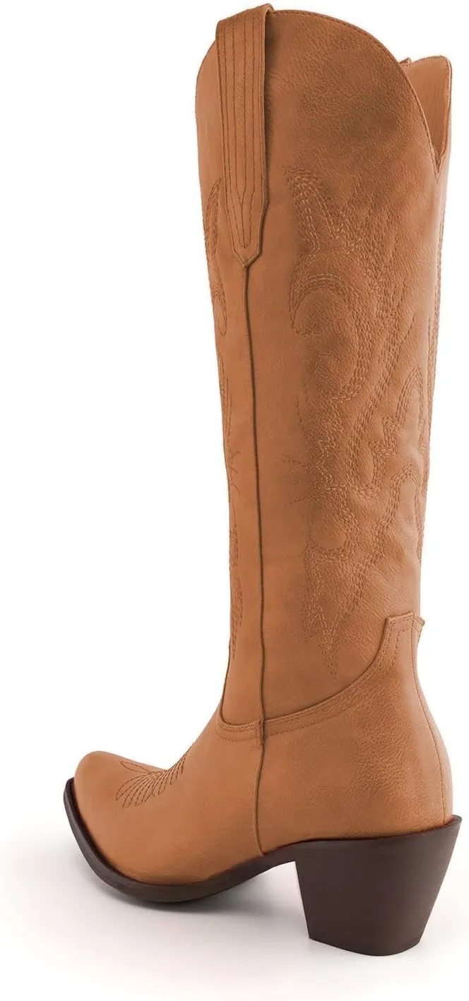DREAMCIA Mid Calf Height Embroidered Cowgirl Boots Vintage Western Cowboy Boots for Women with Embroidery and Chunky Heel