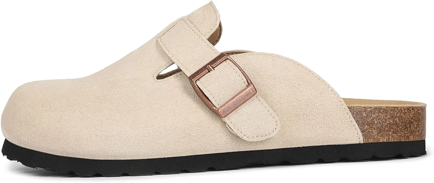 Dumalum Suede Clogs for Women and Men - Adjustable Buckle Slip-on Cork Footbed Mules with Antislip Sole - Unisex Slippers