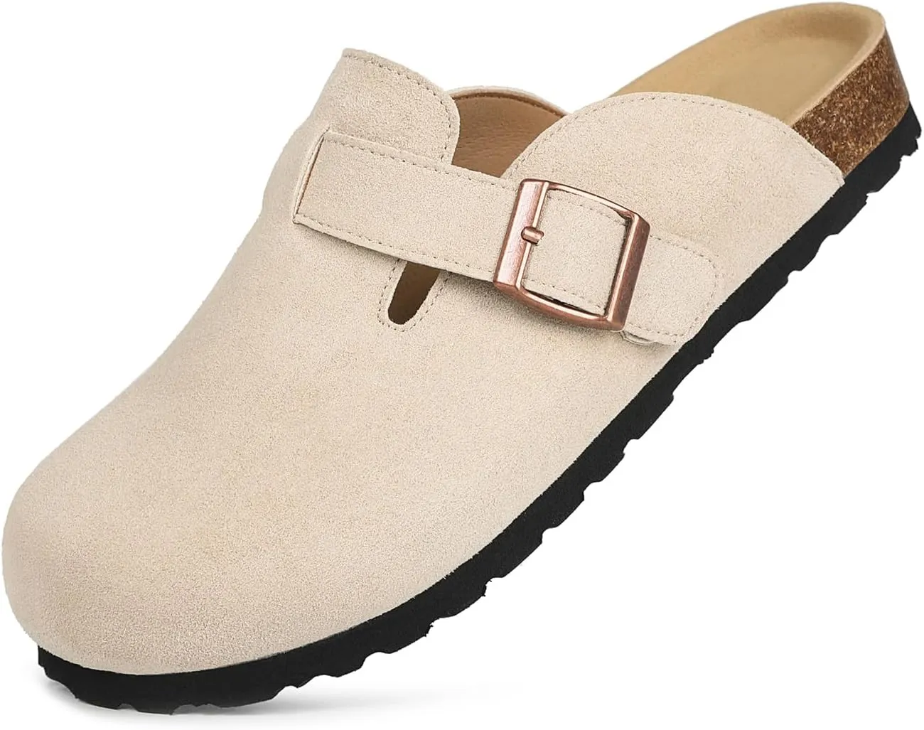 Dumalum Suede Clogs for Women and Men - Adjustable Buckle Slip-on Cork Footbed Mules with Antislip Sole - Unisex Slippers