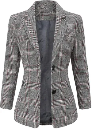ebossy Women's Notch Lapel 2 Button Boyfriend Blazer Suit Houndstooth Plaid Jacket Coat
