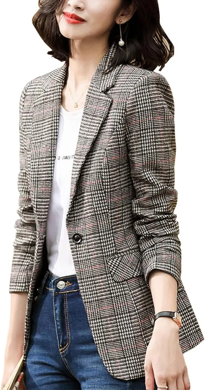 ebossy Women's Notch Lapel 2 Button Boyfriend Blazer Suit Houndstooth Plaid Jacket Coat